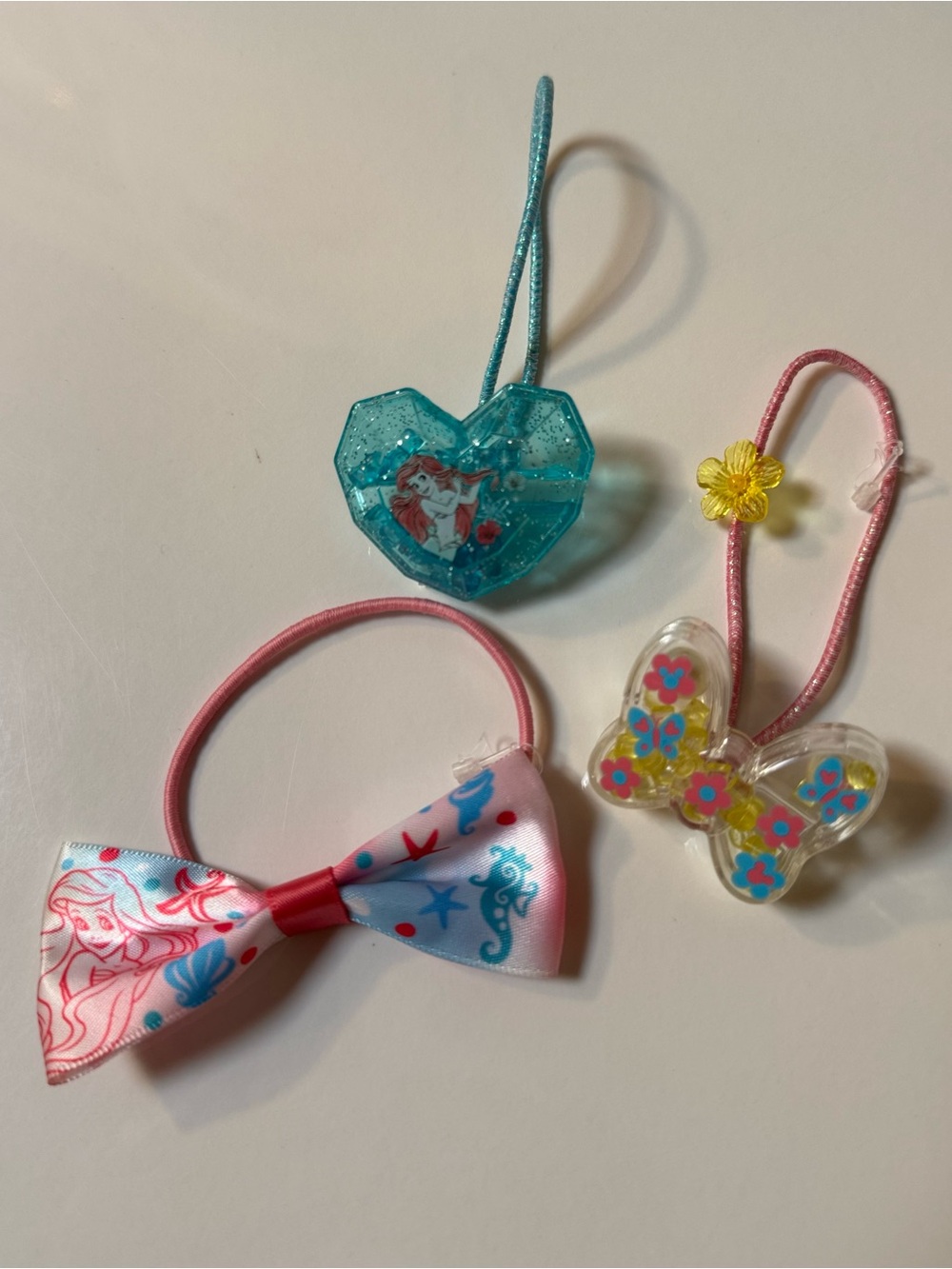 Tokyo DisneySea Ariel Pink Bow, Teal Heart & tinker bell Butterfly Hair Tie Set